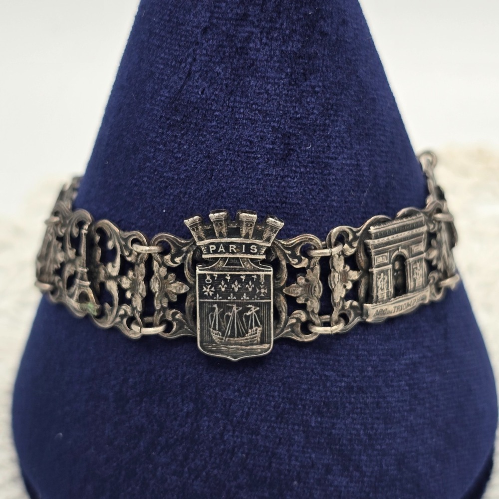Vintage Paris Souvenir Bracelet Eiffel Tower Filigree Charm Panel French Travel